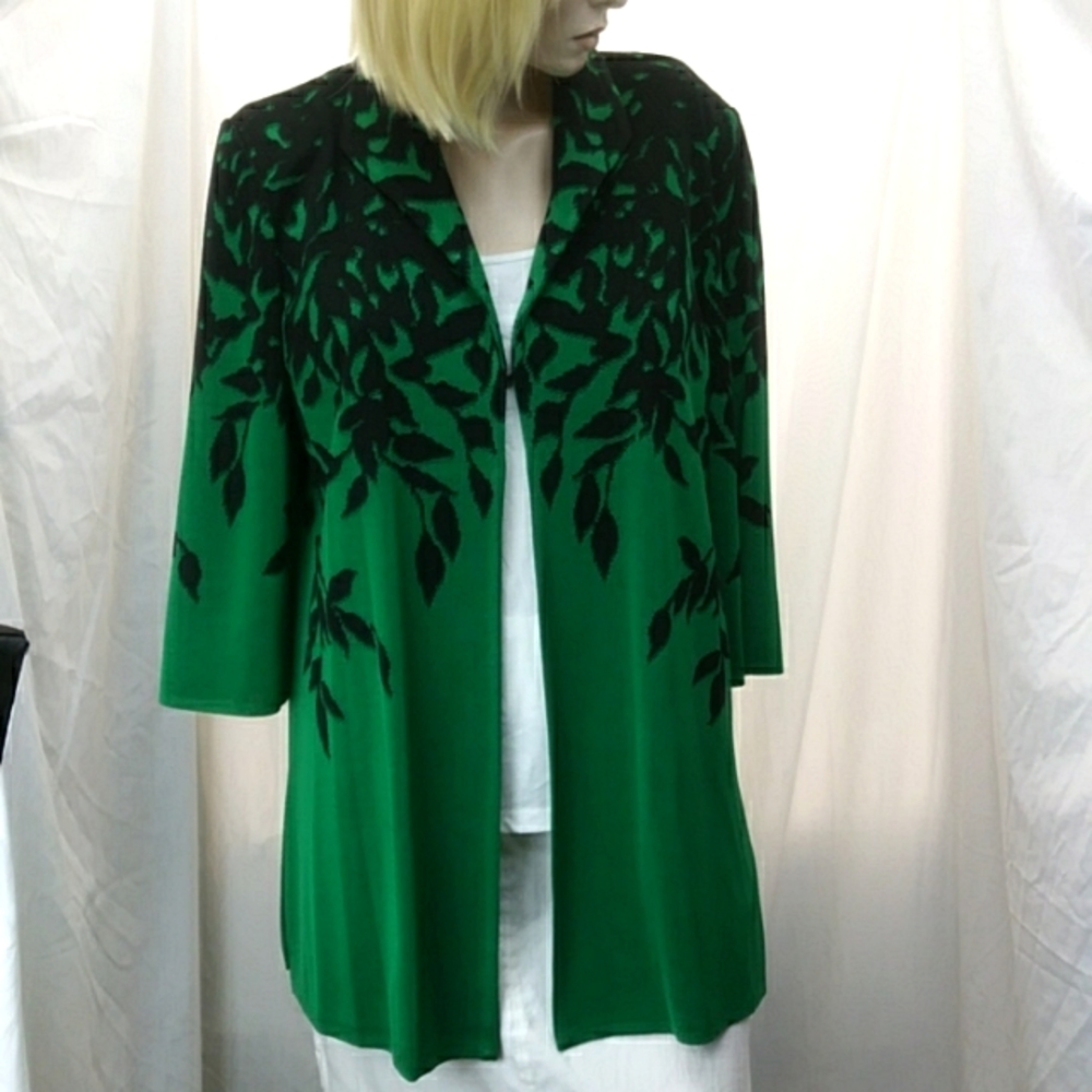 Ming Wang Green and Black Open Front Long Cardigan Jacket